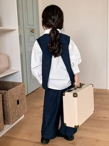 2件套 女童圆领韩版无袖衬衫背心+休闲牛仔裤套装 - 藍色 - 查看 7