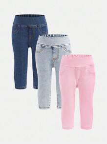 SHEIN 3件套女童Y2K浅蓝、藏蓝、粉色牛仔打底裤，秋季儿童休闲舒适服，舒适、休闲又时尚的度假装 - 彩色 - 查看 12