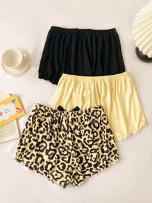 Cute Wide Leg Mini Sleep Shorts With Textured Patterns And Knot Detail In Multicolor 3 Pieces Short Sets Women Leopard Print Shorts Women Short Sets 3pcs Short Sets For Women Ruffle Shorts - Multicolor - View 2