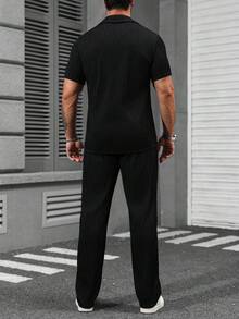 Manfinity Homme 男士提花短袖衬衫和裤子套装 - 黑色 - 查看 4