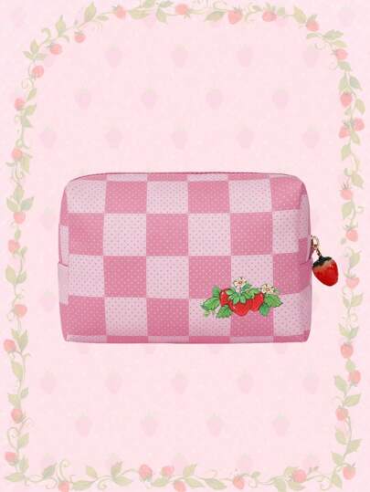 Strawberry Decor Checkered Cartoon Pattern Portable Cosmetic Bag