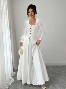 Elenzga Vestido plisado de parches de unicolor elegante talla grande - Blanco - Ver 4