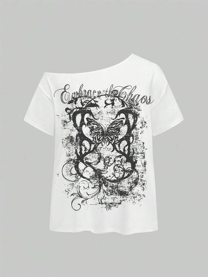 ROMWE Grunge Punk Camiseta de verano de estilo vintage con hombros asimétricos, básica, sólida en blanco, de estilo casual y de calle, con diseño de mariposa y enredadera, de talla grande y estilo asimétrico en los hombros