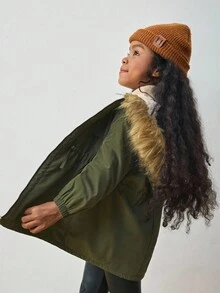 Maija Kids 少女仿皮草衬里长款连帽大衣 - 軍綠色 - 查看 6
