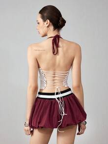 ROMWE Avant Bộ 2 món áo ba lỗ cổ xếp ly in số và chân váy mini thường ngày cho nữ - Đỏ và trắng - Xem 3