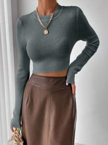 RosyDaze Crew Neck Fitted Elegant Office Wear Long Sleeve Sweater Fall Winter Cloth For Women - Dark Grey - View 3