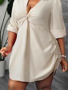 Slaydiva 优雅休闲通勤派对约会性感修身纯色锈红色长袖褶皱扭结前襟抽绳腰迷你衬衫裙，适合大码女装，春秋季女装 - 杏色 - 查看 7