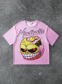 MADBALLS X SHEIN 男士休闲卡通字母印花圆领短袖 T 恤，夏季，2000 年代风格 - 粉色 - 查看 8