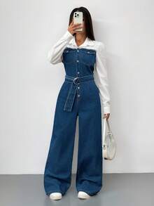 SHEIN 少女 Y2K 90 年代蓝色连体裤二合一拼色套装，配有腰带阔腿裤春夏连体裤，女孩秋季返校节牛仔两件套服装，商务休闲女士，秋冬连体裤，女孩教师服装 - 深色水洗藍 - 查看 5