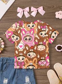 SHEIN Áo thun ngắn tay cổ tròn in hình thỏ Bubu dễ thương kiểu anime retro vintage tối giản dành cho bé gái của Happikins, thích hợp cho mùa hè, mùa thu, thoải mái, thời trang, mặc thường ngày, họa tiết bắt mắt, đi học, dự tiệc, dã ngoại ngoài trời, chụp ảnh đường phố, ở nhà, trong khuôn viên trường, thư giãn. - Nhiều màu - Xem 3