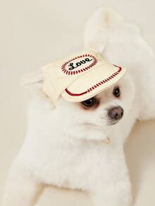 PETSIN 1 件装宠物猫狗通用休闲刺绣爱心棒球帽可爱露耳朵太阳帽狗狗帽子 - 米色 - 查看 1