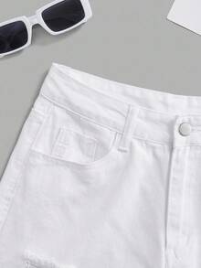 SHEIN ICON Shorts jeans femininos de cor sólida, desgastados e com bainha desfiada - Branco - Ver 5