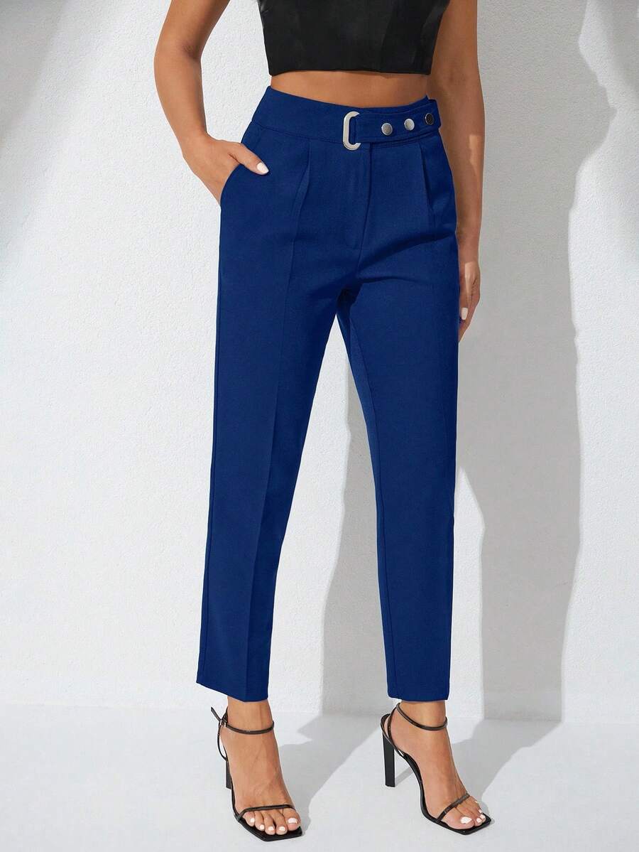 SHEIN Cottnline Túi bên Thắt lưng Dài Quần - Xanh đậm - Xem 1