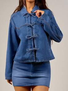 Avantive Women's Aqua Blue Tie Front Denim Jacket,Casual Everyday Autumn Western Wear,Y2k 90S Vintage Streetwear For Country Concert,Back To School&Vacation - Medium Wash - View 1