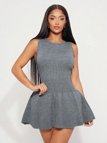 Radiana Women's Sleeveless Solid Color Mini Knit Dress, Summer Fashion Gray Dress Fit And Flare Dress Skater Dress Jumper Dress In Fall/Winter,ملابس شتوية للنساء - Dark Grey - View 6