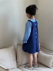 SHEIN 女童蓝色条纹撞色学院风长袖连衣裙，时尚优雅的学院风装扮 - 藍色 - 查看 2