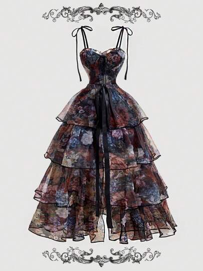 SHEIN MOD 复古黑色全身花卉印花华丽二合一连衣裙，配有可拆卸多个裙子 - 宫廷风格、生日礼服、巡航礼服、堆叠礼服、连衣裙