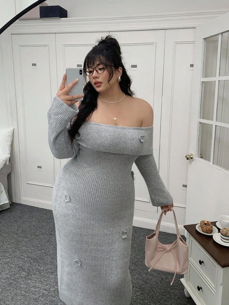 SHEIN EZwear 大码女式 3D 花卉装饰露肩长袖休闲针织连衣裙秋冬女装 - 灰色 - 查看 1