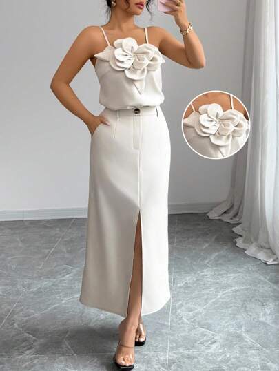 Rafferiza Floral Camisole And Casual Split Skirt 2 Pieces Set