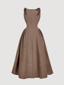 SHEIN MOD 女式圆领无袖撞色饰边蝴蝶结腰部喇叭形卡其色连衣裙 - 棕色 - 查看 2