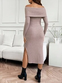 SHEIN Gaun Hamil Elegan Warna Pink, Gaun Kasual Musim Gugur Tanpa Bahu dengan Belahan Bergaris Lengan Panjang untuk Acara Baby Shower, Gaun Rajut Ketat Musim Gugur Musim Dingin - Berwarna merah muda - View 2
