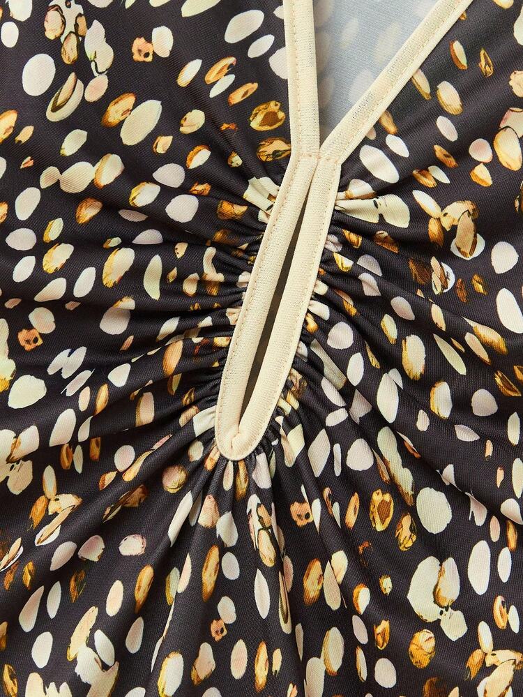 Abstract Leopard Print Fitted Long Sleeve Maxi Dress With Keyhole Neckline Date Night Dress Fall Women Clothes Spring Summer Dress