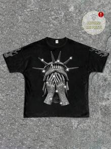 SHEIN 青少年男孩休闲简约圆领短袖T恤，适合夏季 - 黑色 - 查看 1