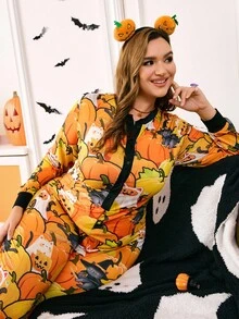 Plus Size Women's Halloween Full Print Half Button Front Long Sleeve Jumpsuit Pajamas, Fall - Orange - View 6