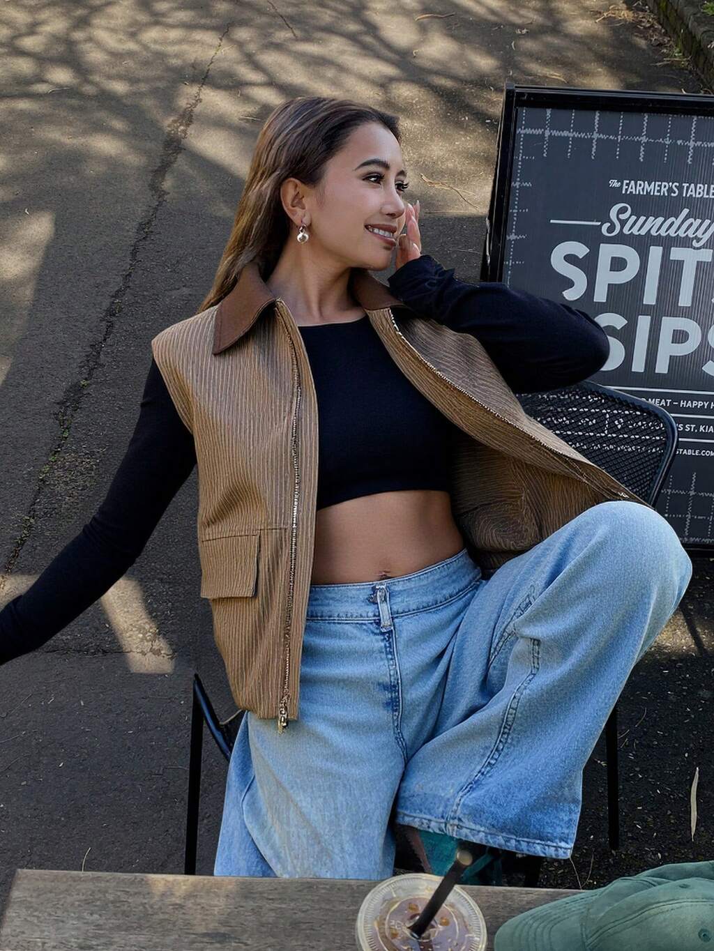 Striped Collar Sleeveless Vest Jacket, Striped Retro Casual Autumn/Winter Bomber Jacket For Women