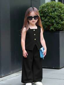 Bộ quần ống rộng lưng thun co giãn đơn giản màu đen dễ thương cho bé gái mùa hè - màu đen - Xem 1