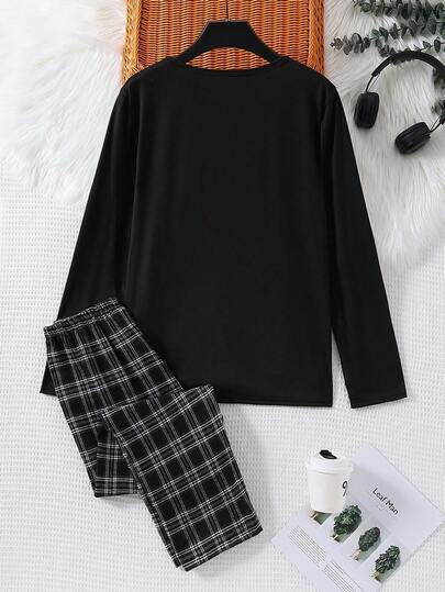 2pcs/Set Tween Boys' Black Long Sleeve Sleepwear Top With SLEEP Print, Plaid Pants, Autumn/Winter Cute Lounge Knit Fabric Pajama Set Autumn/Winter