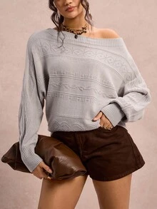 SHEIN VCAY Áo len chui đầu dáng rộng tay cánh dơi họa tiết hình học cỡ lớn cho nữ mùa thu đông - Xám - Xem 5