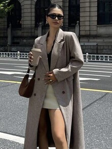 DAZY Women's Loose Retro Herringbone Long Sleeve Double-Breasted Pocket Overcoat, Autumn/Winter - Grey - View 7