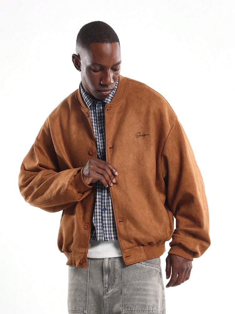 Giubbotto bomber in pelle scamosciata con bottoni sul davanti e colletto a coste