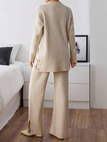 EURMUSE Women's Solid Color Drop Shoulder Long Sleeve Button Design Sweater And Flared Knit Pants Set Knit Two Piece Set Beige Two Piece Set Comfortable Two Piece Set Two Piece Set Women Ribbed Two Piece Set,Winter Clothes - Beige - View 4