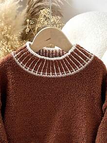 Sparklyn 1pc Girls' Contrast Trim Turtleneck Lantern Sleeve Short Knit Pullover Sweater, Versatile Casual Wear For Autumn/Winter Teen Girl Sweater Brown Sweater Fall Sweaters Tween Sweater Kids Sweater Fall Sweaters Kids Sweater For Tweens Kids Brown Sweater - Brown - View 5