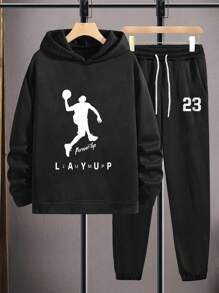 EURMUSE Men Basketball Printed Regular Hoodie Sweatshirt And Pants Set - Black - View 2