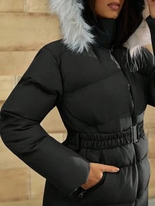 CLARA VERO Women's Solid Faux Fur Hooded Belted Elegant Midi Winter Coat - Black - View 8