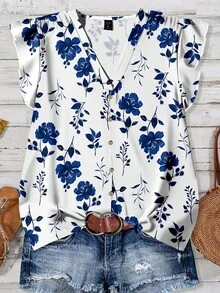 SHEIN LUNE Curve 大码女式日常休闲度假V领小飞袖印花宽松衬衫，夏季女装，度假女装，夏季女装，外出上衣，可爱夏季T恤，蓝色印花女式衬衫，秋冬款 - 藍白色 - 查看 1