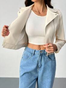 SHEIN Tall 女款休閒日常簡約街頭時尚翻領鉚釘裝飾機車皮夾克，秋季，高個女性 - 杏色 - 查看 7
