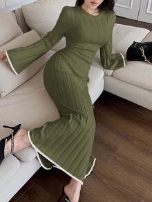 Feyla Vestido de suéter de manga larga ajustado para mujer, adecuado para uso diario en otoño/invierno - Verde militar - Ver 6