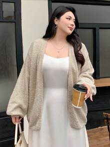 Dazy Plus Cardigan ample à manches lanternes et col V pour femmes grandes tailles, veste d'automne/hiver - Camel - Voir 6