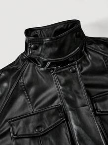 SHEIN MOD Giacca utility versatile di moda in colore unito per donna, giacca in pelle nera per donna, giacca autunnale per donna, giacca per Ognissanti per donna, giacca per rave festival per donna, top per uscire per donna, casual business per donna, ufficio per donna, concerto country per donna - nero - Visualizzare 4