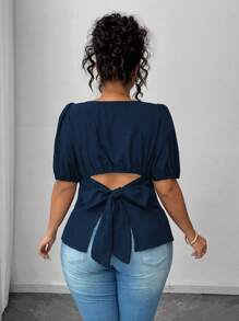 Elenzga Plus Size Women's Solid Color Bubble Short Sleeve Bowknot Back Elegant Casual Blouse, Summer - Navy Blue - View 2