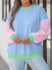 SHEIN EZwear Casual Minimalist Green, Pink, Blue Colorblock Striped Round Neck Loose Short Sleeve T-Shirt For Women, Suitable For Fall,Fall Clothes For Women Winter Autumn - Multicolor - View 3