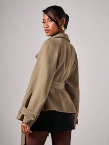 COSMINA Women's Elegant High Collar Tie-Up Regular Jacket, Autumn/Winter,Fall - Khaki - View 2