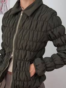 COUREZ Chaqueta acolchada ajustada con fruncidos / Tops de salida lindos de primavera para mujer estilo Y2K - Verde Oscuro - Ver 7