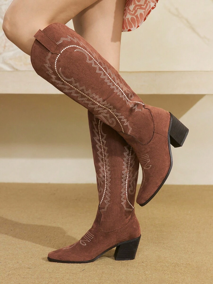 Styleloop Chocolate Women's Over-The-Knee Woven Boots, Suitable For Vacation, Boho, Western, And Music Festival Styles - Coffee Brown - View 1