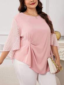 SHEIN Clasi 大码优雅通勤提花拼布喇叭袖衬衫 大码上衣 大码粉色上衣 秋季有袖上衣 粉色有袖上衣 大码休闲上衣 大码秋季上衣 女士教师装 女士办公室装 女士教师机场装 大码女装 外出秋装 女士衬衫 女士上衣 教师衬衫 可爱衬衫 长袖衬衫 趣味衬衫，女士秋季服装 - 粉色 - 查看 6