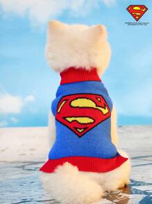 SUPERMAN X PETSIN 1pc Knitted Jacquard Warm & Comfortable Pet Sweater, Universal For Cats & Dogs, High Collar Vest Sweater